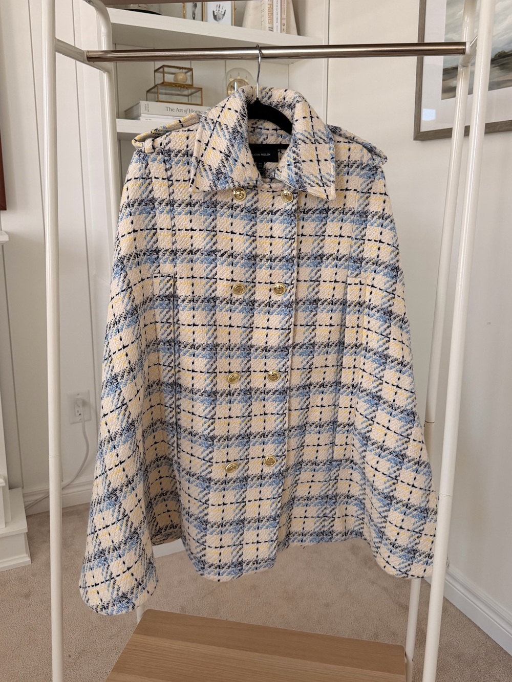 Karen Millen Cream and Blue Plaid Cape Coat